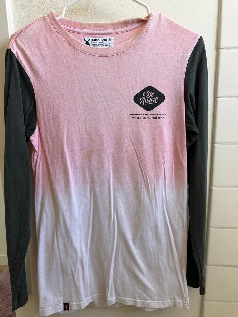 Dutch Bros Pink-to-White Ombre Long-Sleeve Tee with Black Sleeves